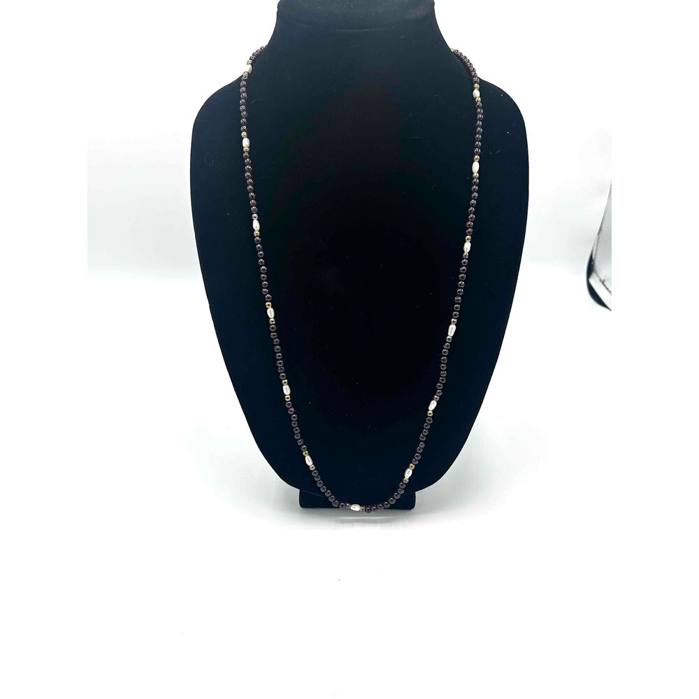 Garnet And Pearl Necklace Dark Beads Pearl Accents Unisex Style
